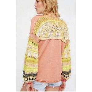 Free People Peach Knit Crochet Balloon‎ Sleeve Boho Pullover Top Women's Size S